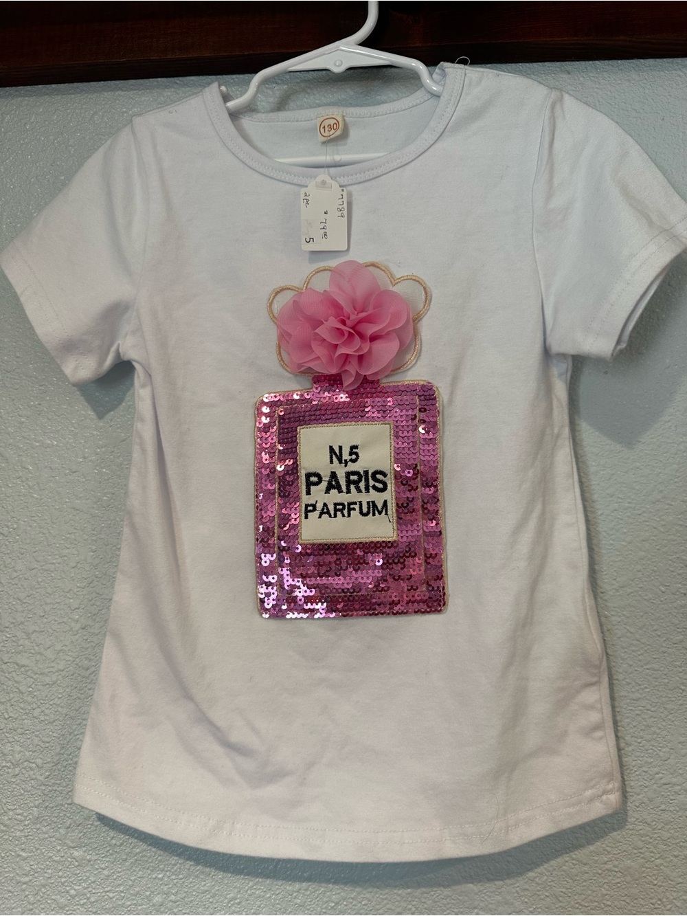 White Girls Tee with Pink Sequin Perfume Bottle